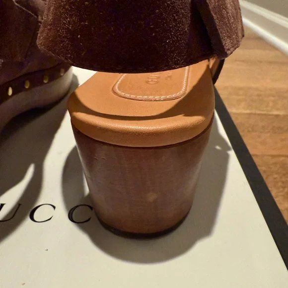 Gucci Brown Suede Mules with Gold Accents - Picture 7 of 7